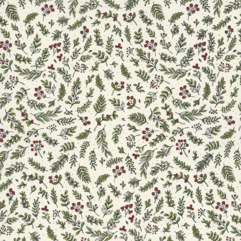 Seamless pattern of green leaves and red berries on a light fabric.