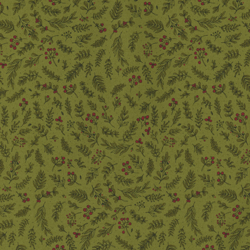 Green fabric pattern featuring various leaves and small red berries.