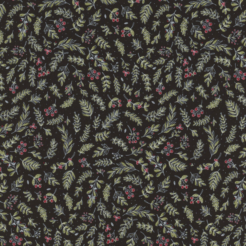 Black fabric with a pattern of leaves and berries