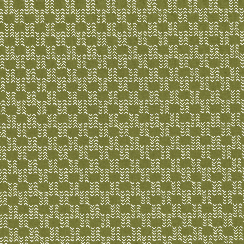 Repeating pattern of white wavy lines on a textured olive green fabric.