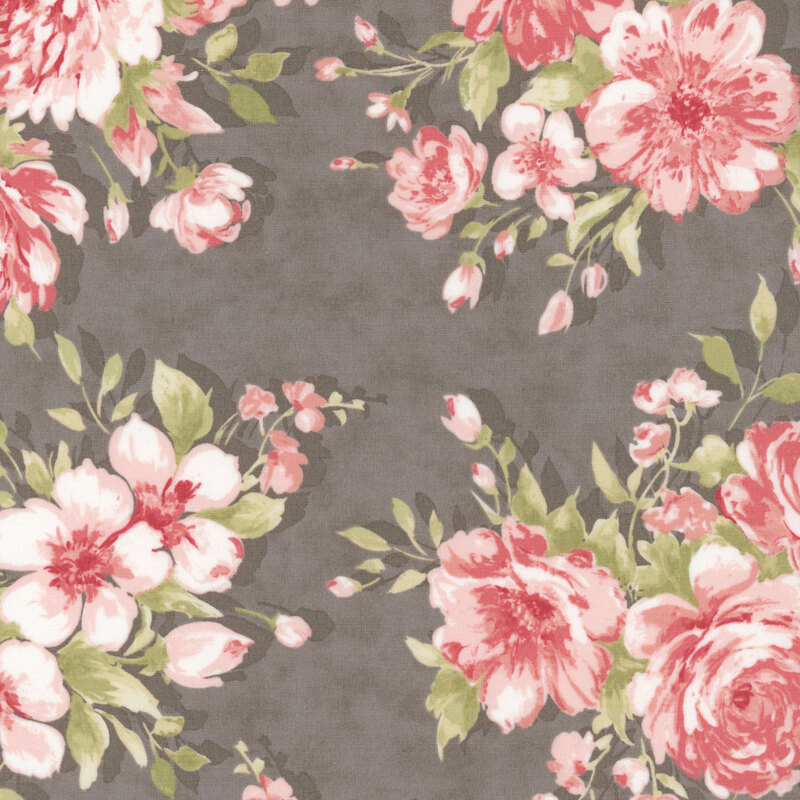Floral pattern featuring pink and cream flowers on a dark gray background.