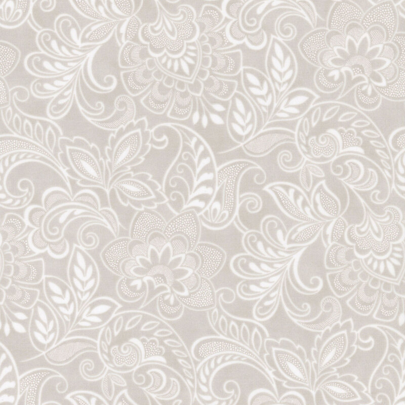 Light gray fabric with intricate white floral and paisley patterns.