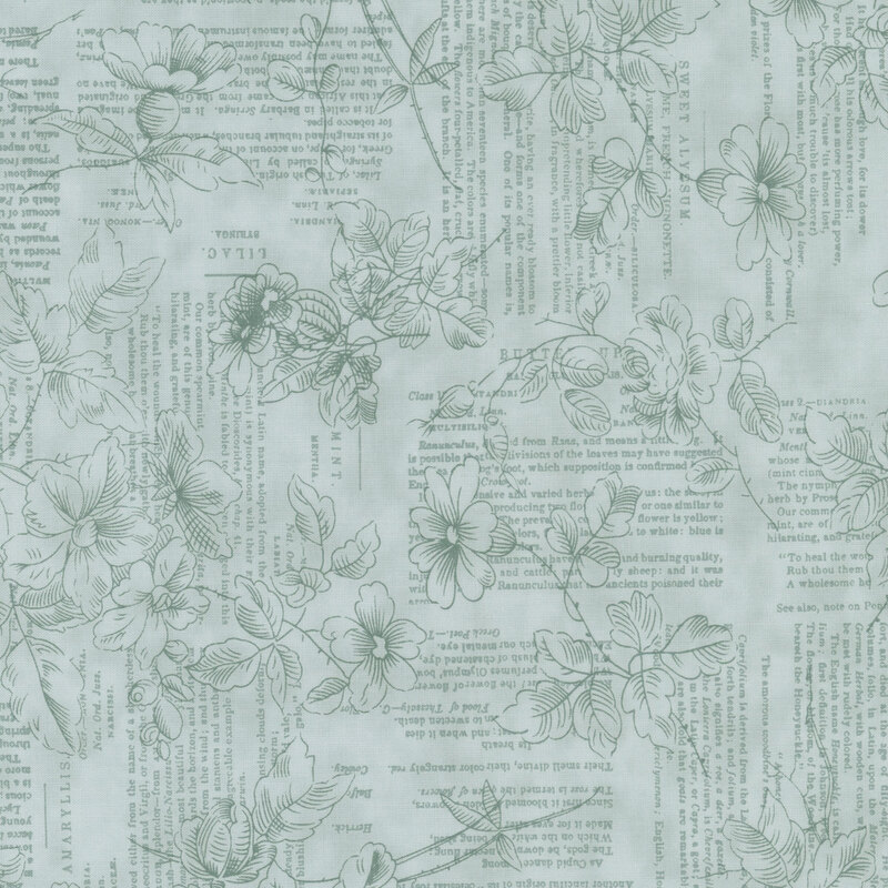 Light blue fabric with intricate floral sketches and faded text elements.