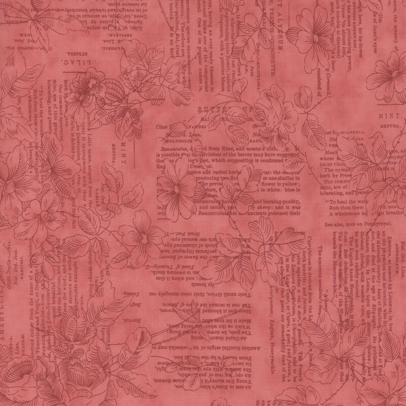 Patterned fabric featuring floral designs and text on a coral background.