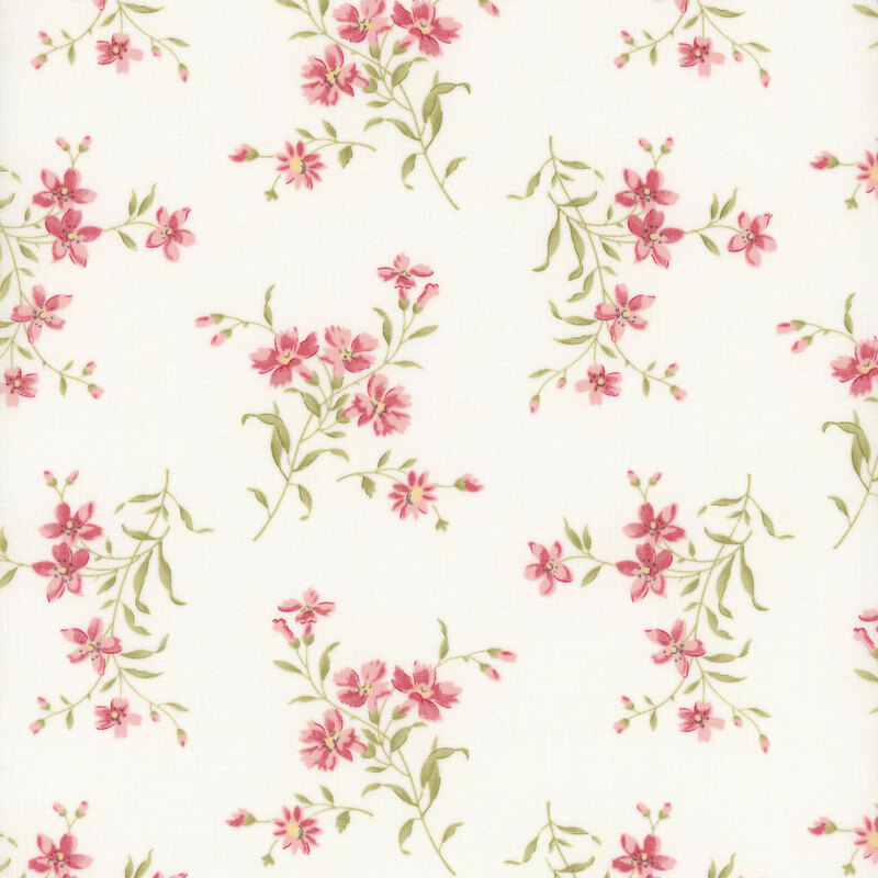 Repeating floral pattern with pink flowers and green leaves on a white background.