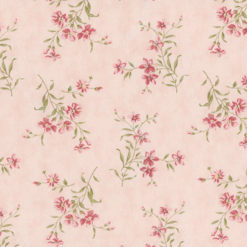 Peachy pink fabric swatch with tossed pink flowers with green leaves. 