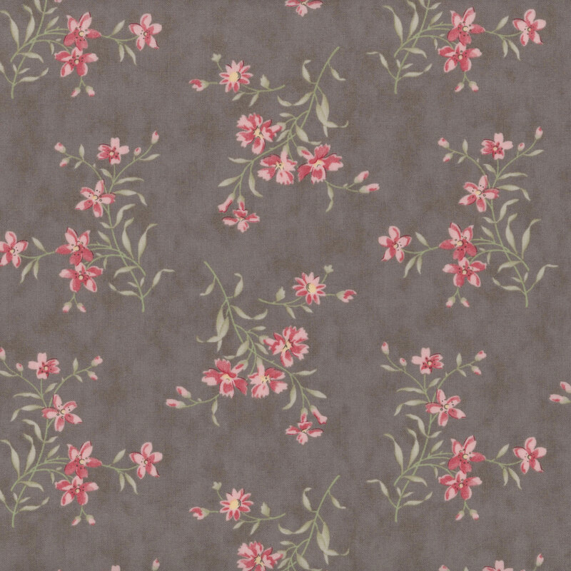 Pattern of small pink flowers scattered on a black fabric.