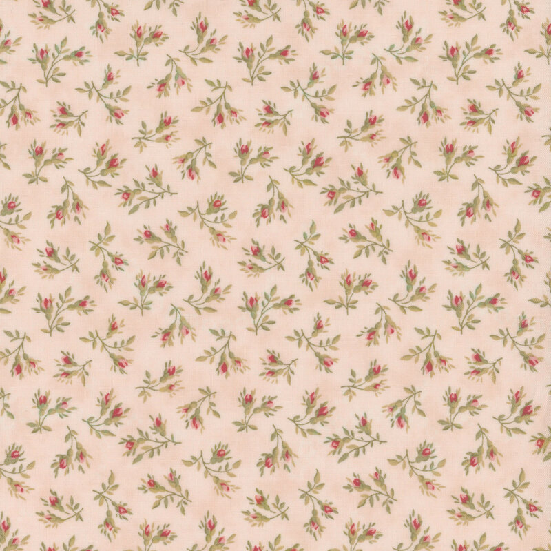 Repeating floral pattern with small red flowers and green leaves on a light pink fabric.