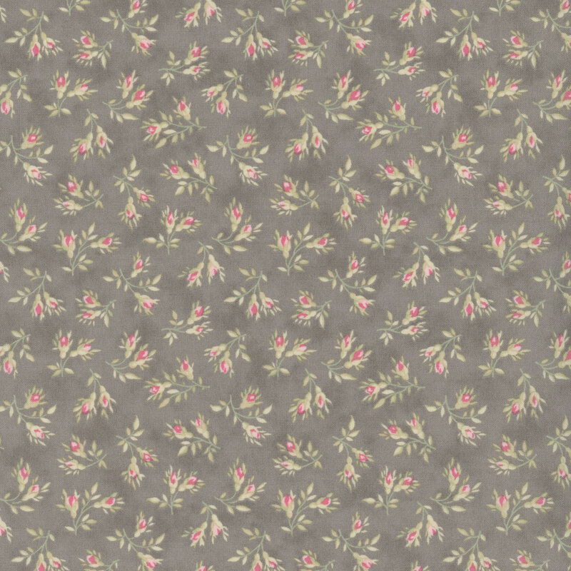 Fabric with delicate pink flowers and green leaves on a gray background.
