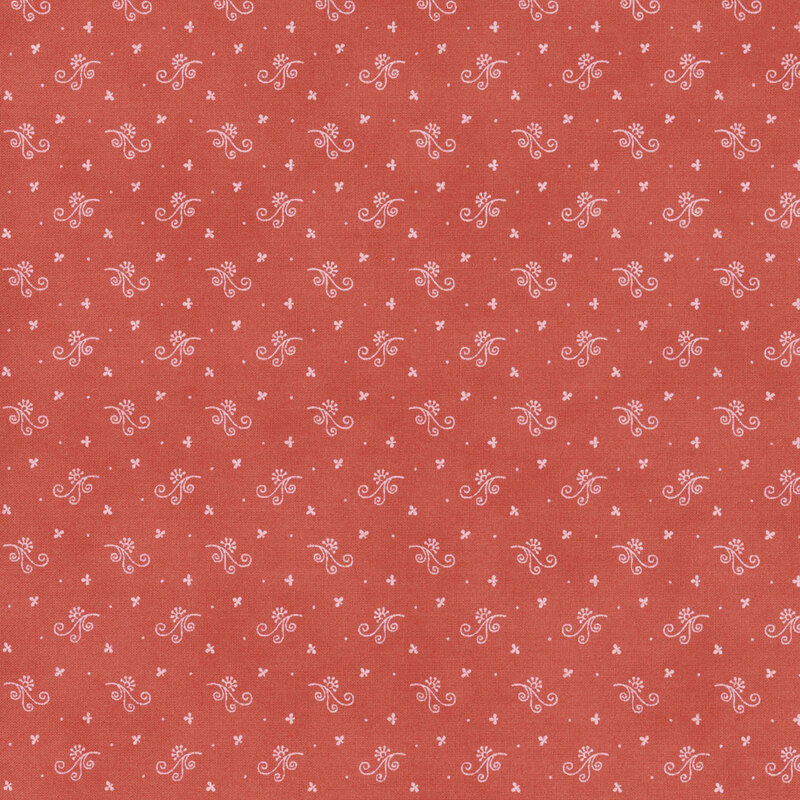 Red fabric featuring a repeating pattern of delicate white flowers and hearts.