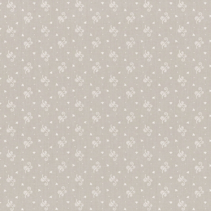 Light gray fabric with small white floral and dot patterns throughout.