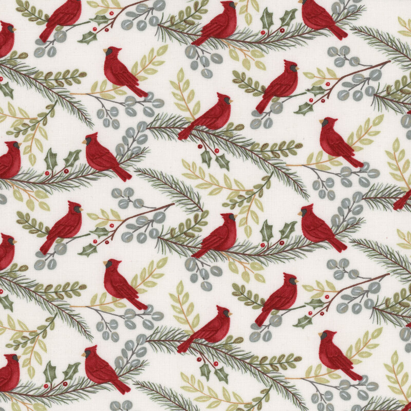 Seamless fabric pattern featuring red cardinals amidst leafy greens and berries on a light background.