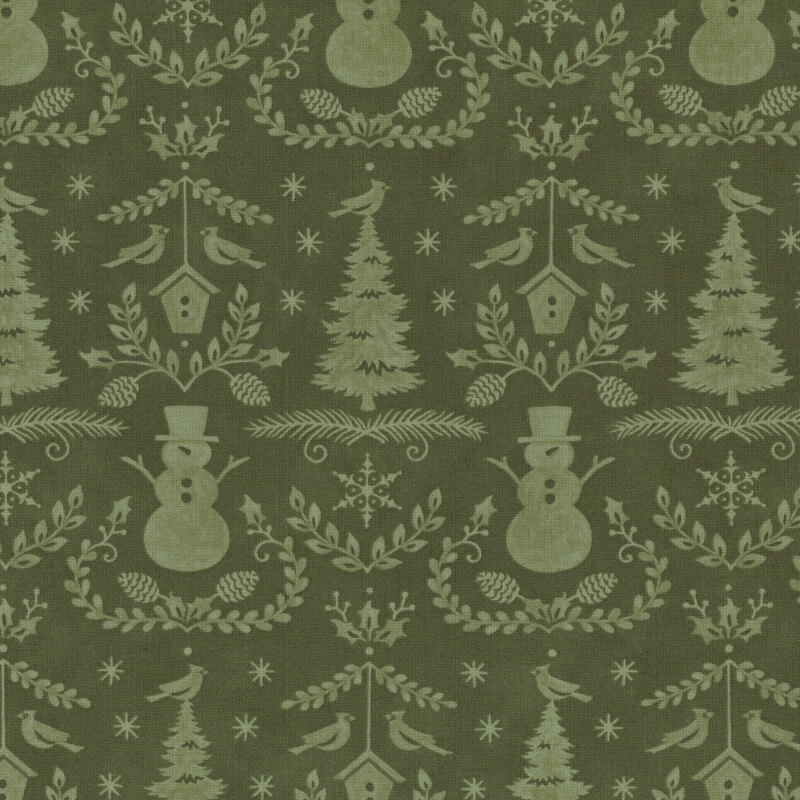 Green fabric with an ornate tonal damask pattern of snowmen, Christmas trees, and cardinals.