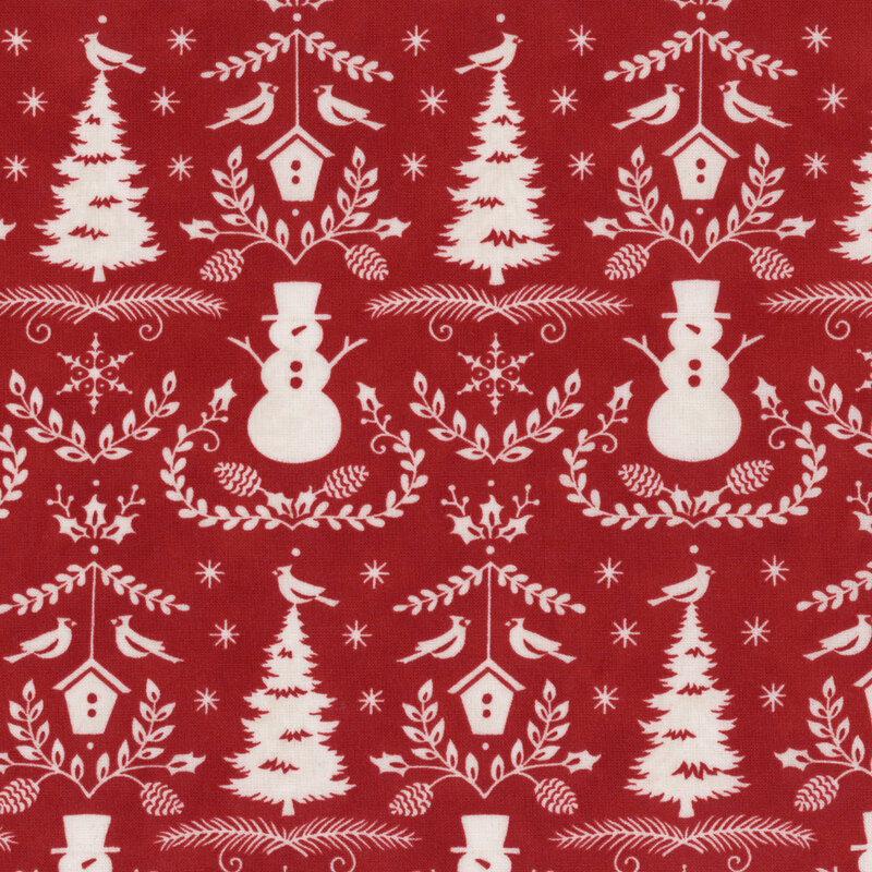 Red fabric with an ornate damask pattern of snowmen, Christmas trees, and cardinals.