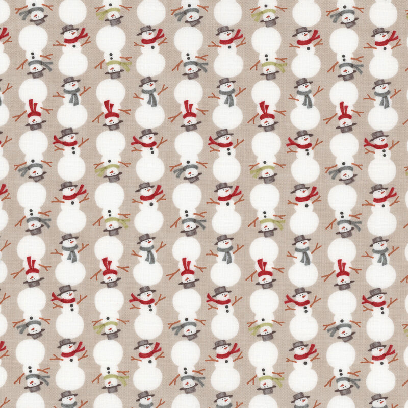 Warm gray fabric with alternating rows of right-side-up and upside-down snowmen in scarves and hats.