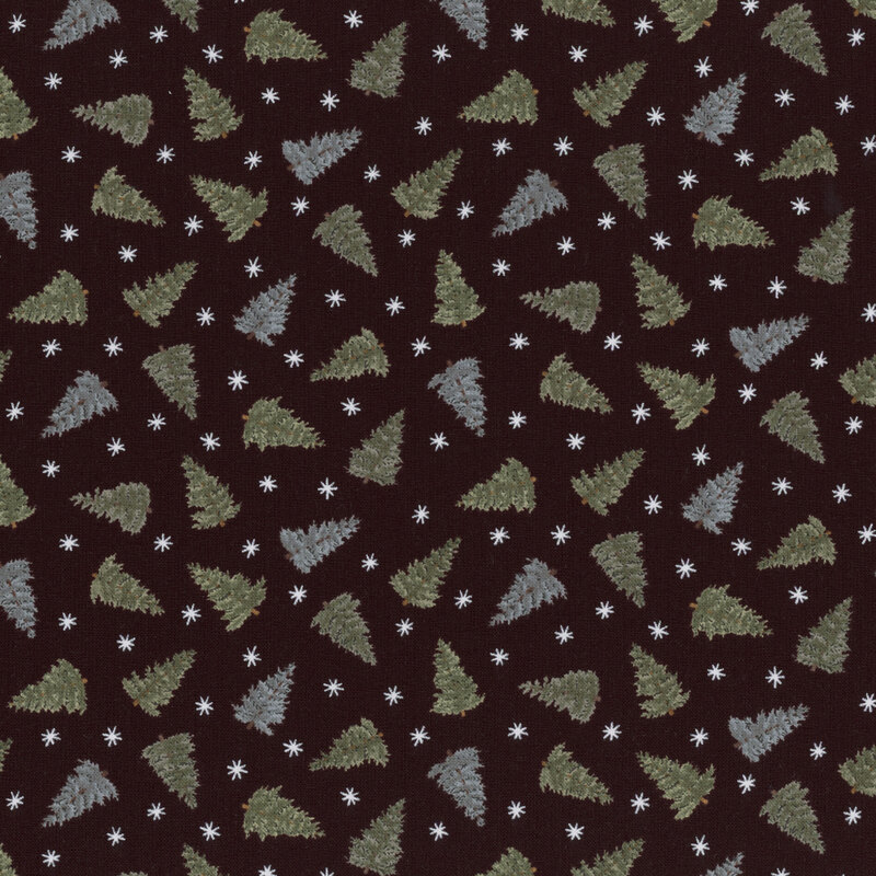 Charcoal black fabric with tossed trees and simplified stars.