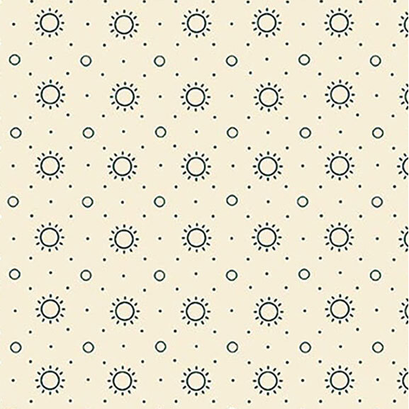 Repeating pattern of blue suns and small circles on a light beige background.