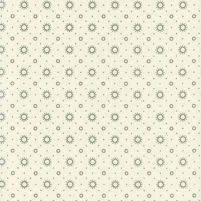 Repeating pattern of blue suns and small circles on a light beige background.