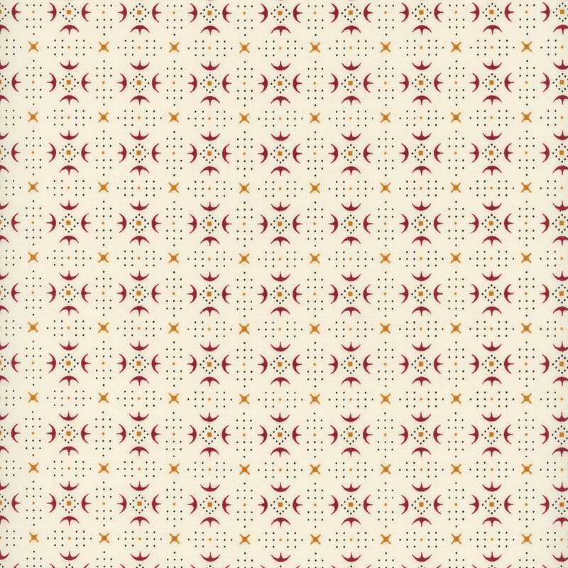 A repeating pattern featuring red and gold shapes on a light beige background.