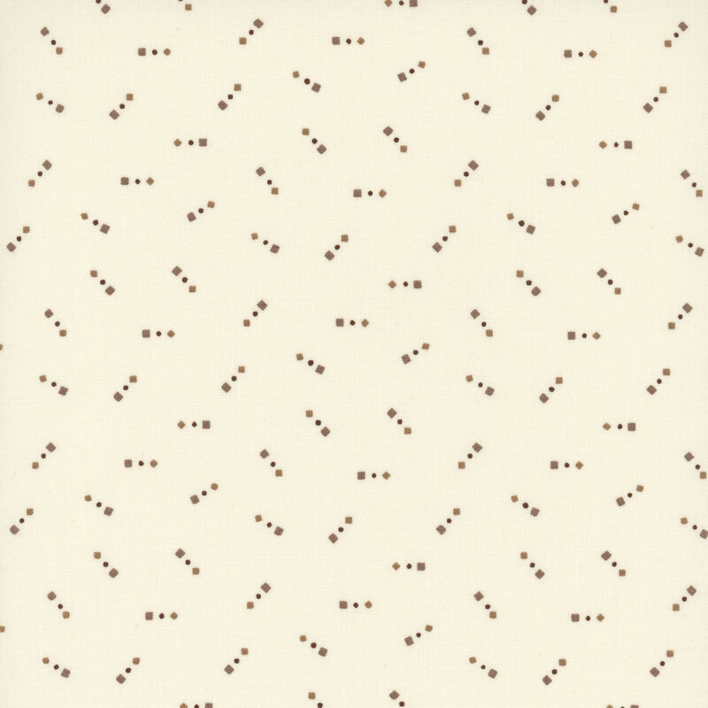 A light beige background sprinkled with scattered small squares and rectangles in dark colors.