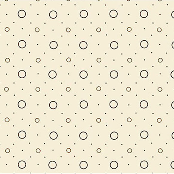 Pattern of cream background with various sizes of black outlined circles and dots.