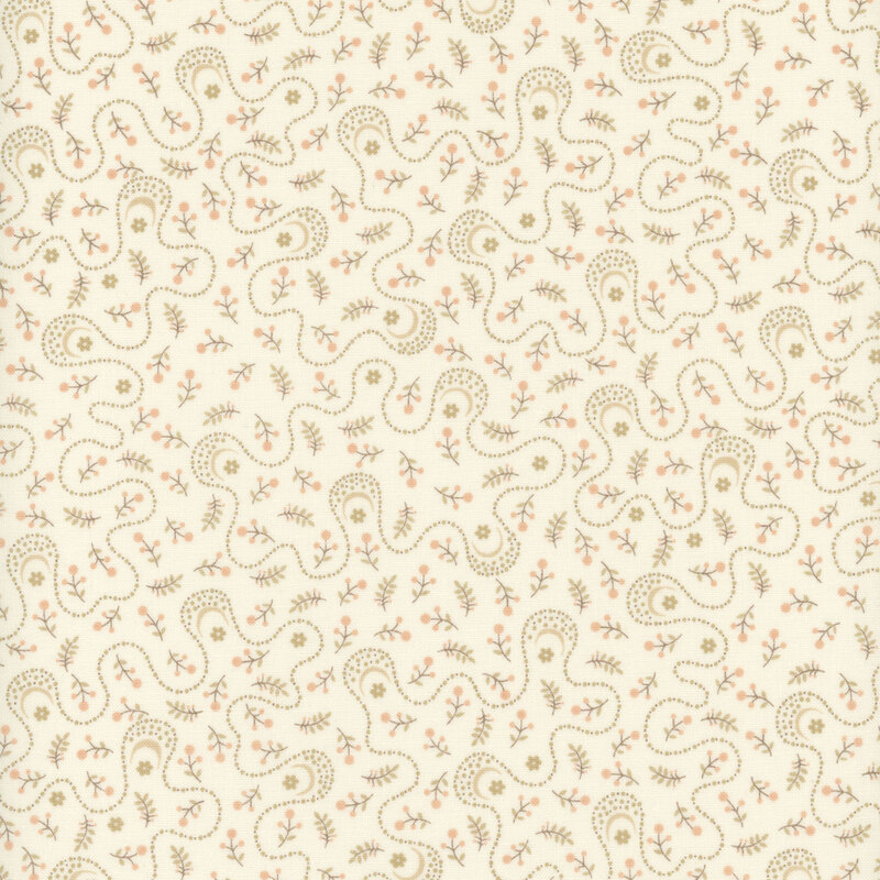 Light beige background with swirling green vines and small floral elements in pink and yellow.