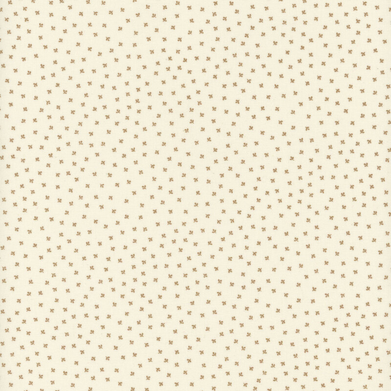 Light beige background featuring a scattered pattern of small green floral motifs.