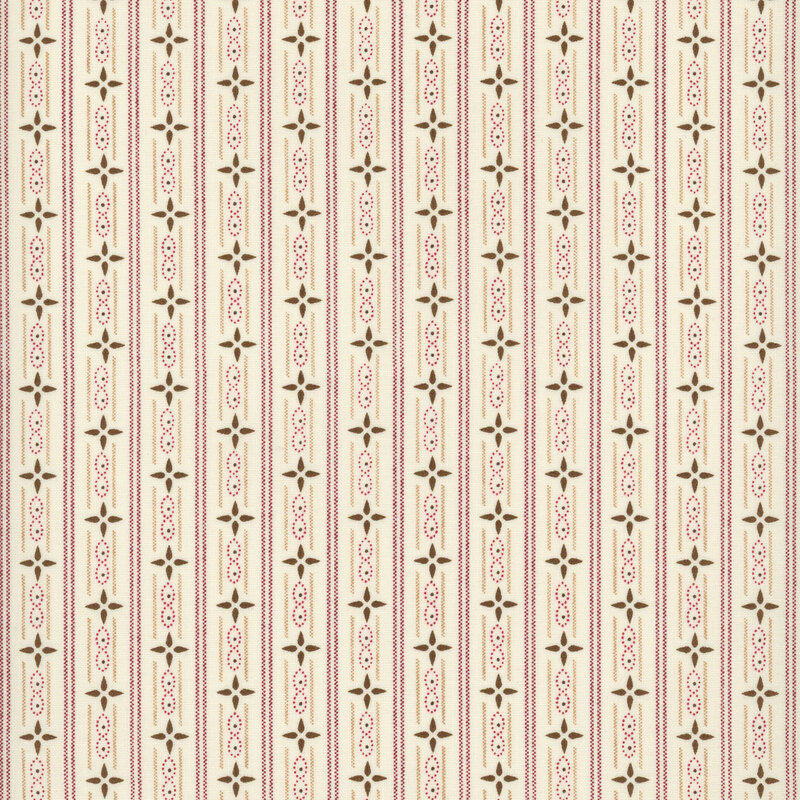 Vertical pattern of cream stripes with brown stars and dotted elements, accented by red lines.