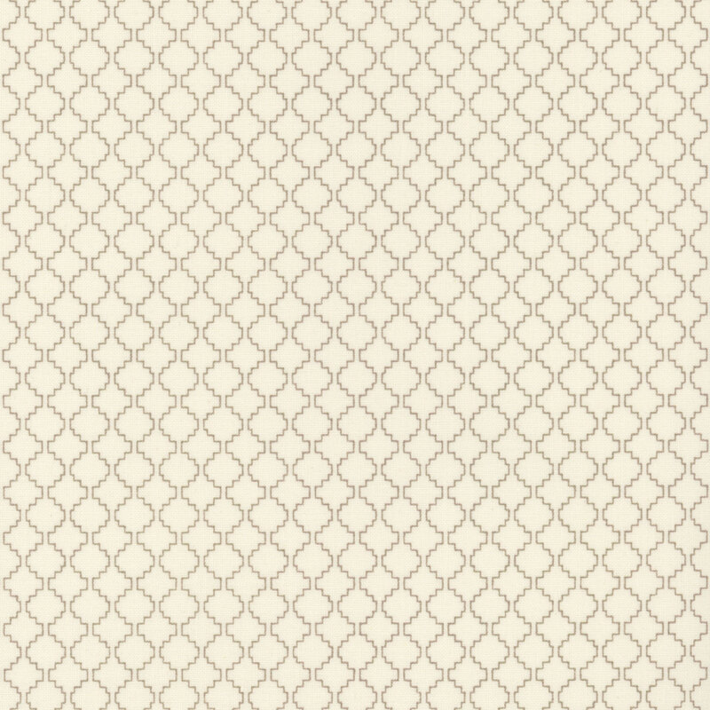 Repeating geometric pattern with beige background and dark gray shapes resembling interlocking tiles.
