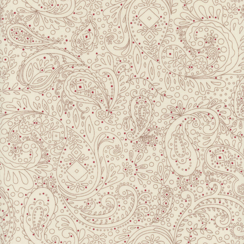 A light cream background features intricate paisley patterns in grey with red accents.