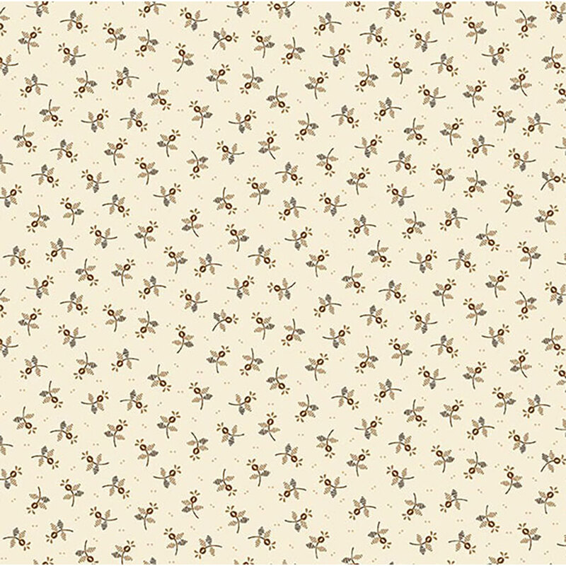 Repeating floral pattern on a light beige background, featuring small brown flowers and leaves.