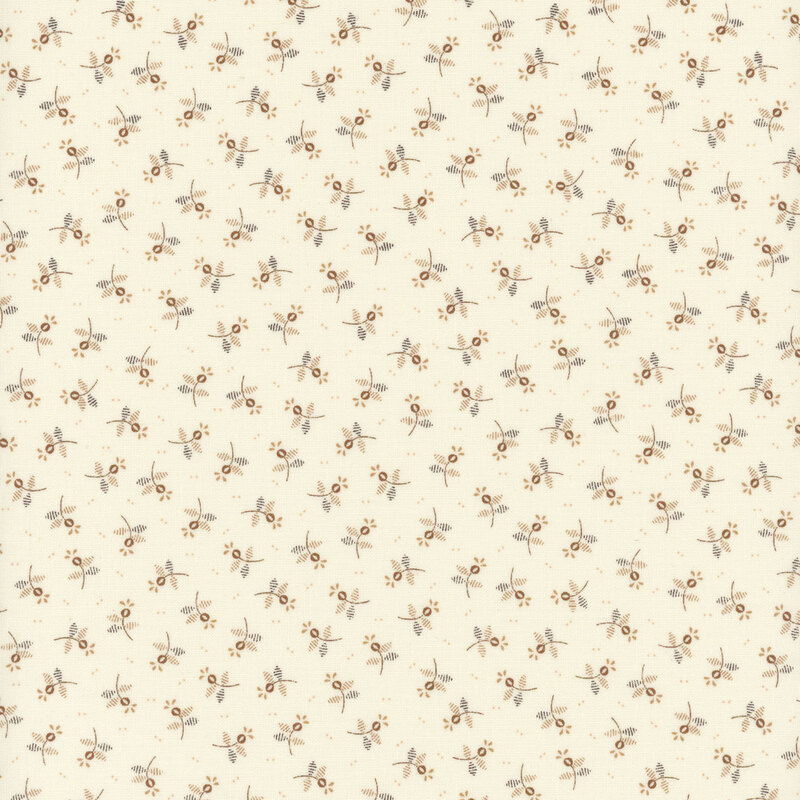 Repeating floral pattern on a light beige background, featuring small brown flowers and leaves.