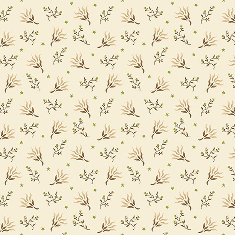 Repeating pattern of delicate brown and green botanical illustrations on a light beige background.