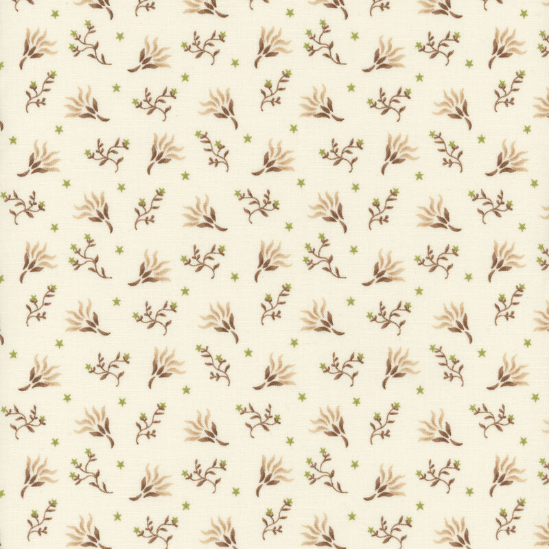 Repeating pattern of delicate brown and green botanical illustrations on a light beige background.