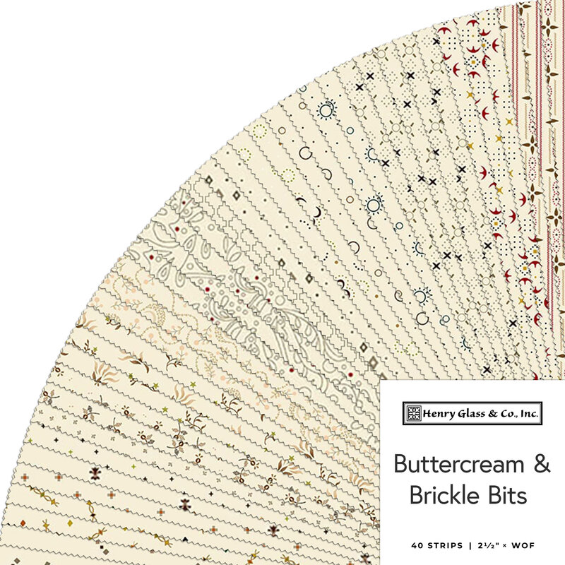 Fabric swatches arranged in a fan, featuring various patterns in cream and brick tones, labeled Buttercream & Brickle Bits.