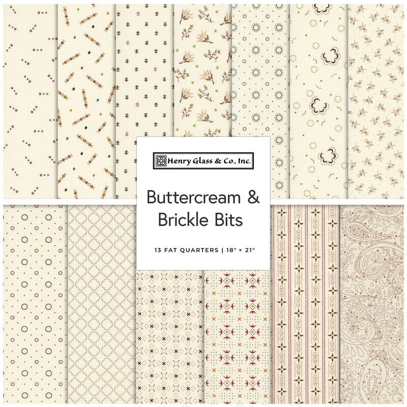 Collage of 13 cream fabrics in the collection, all featuring a geometric or primitive pattern in green, brown, and red