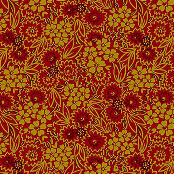 Red floral pattern on a textured red background, featuring various flowers and leaves.