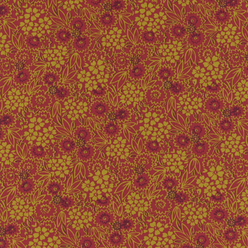 Red floral pattern on a textured red background, featuring various flowers and leaves.