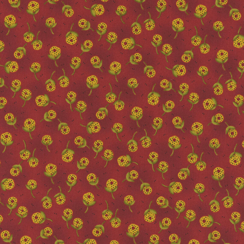 A red background covered with colorful, yellow-spotted flower motifs.