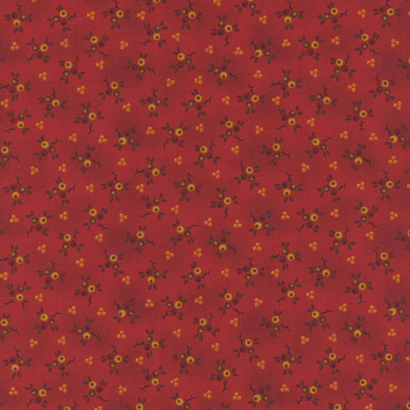 A red fabric pattern featuring yellow flowers, green leaves, and brown branches.