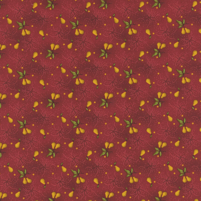 Red fabric pattern featuring yellow pears, green leaves, and whimsical swirls with small dots.