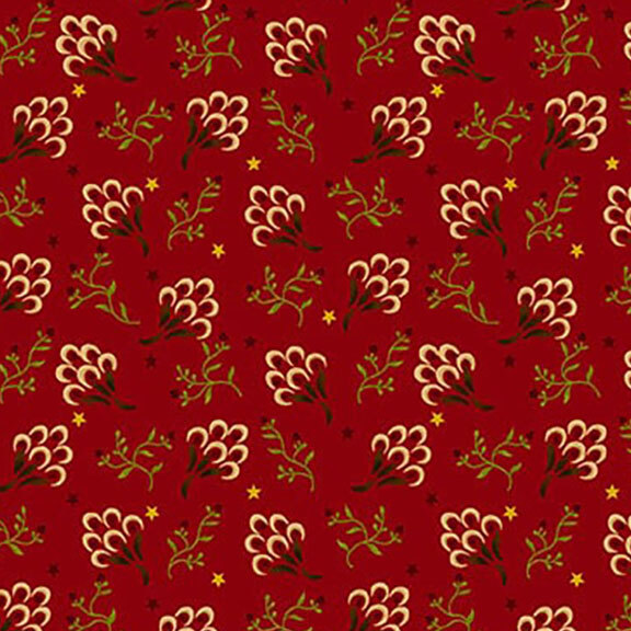 A textured red background with a repeating floral and star pattern in cream and green.