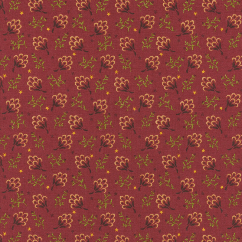 A textured red background with a repeating floral and star pattern in cream and green.