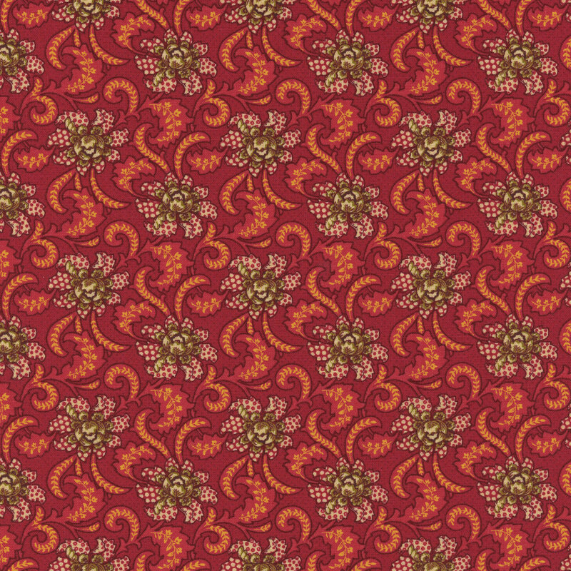 Red fabric with a repeating floral and paisley pattern in gold, cream, and shades of orange.