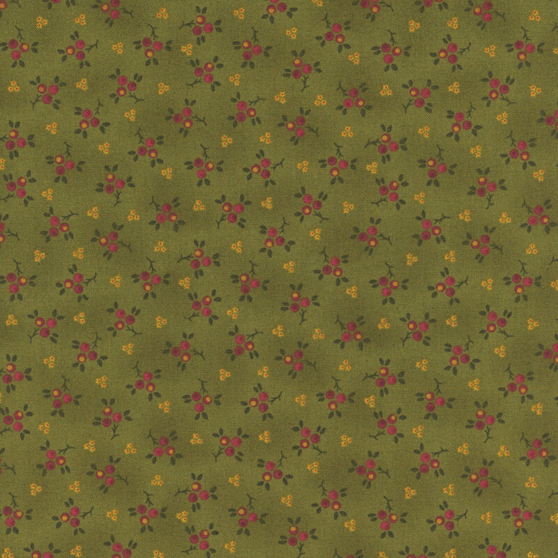 Repeating pattern of red flowers and green leaves on an olive green background.