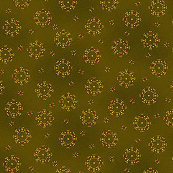 A repeating pattern of circular floral motifs in yellow and white on an olive green background.