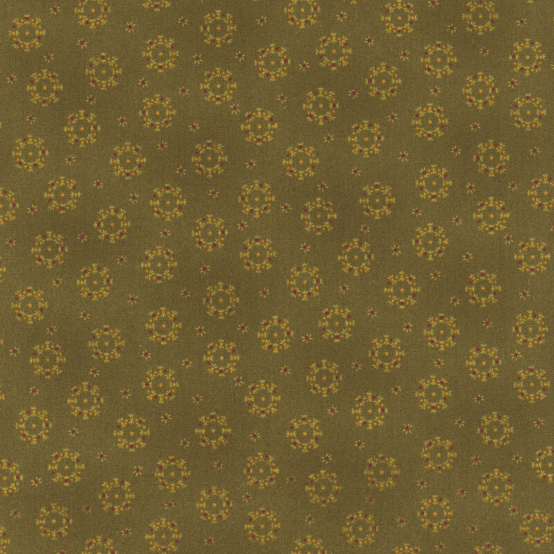 A repeating pattern of circular floral motifs in yellow and white on an olive green background.