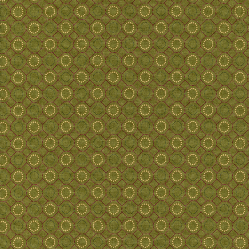 Pattern of alternating circles and hexagons in olive green, cream, and maroon colors.