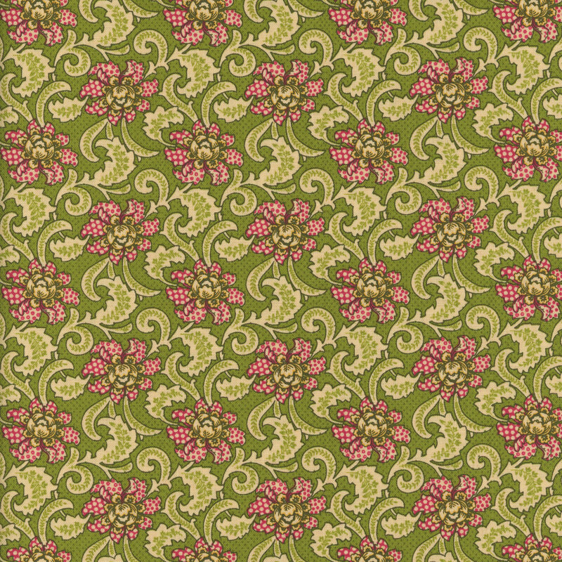 Floral pattern featuring red and yellow flowers with green leaves on a muted green background.