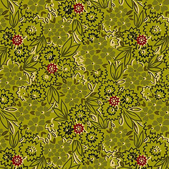 A green floral pattern featuring various flowers and leaves with red accents.